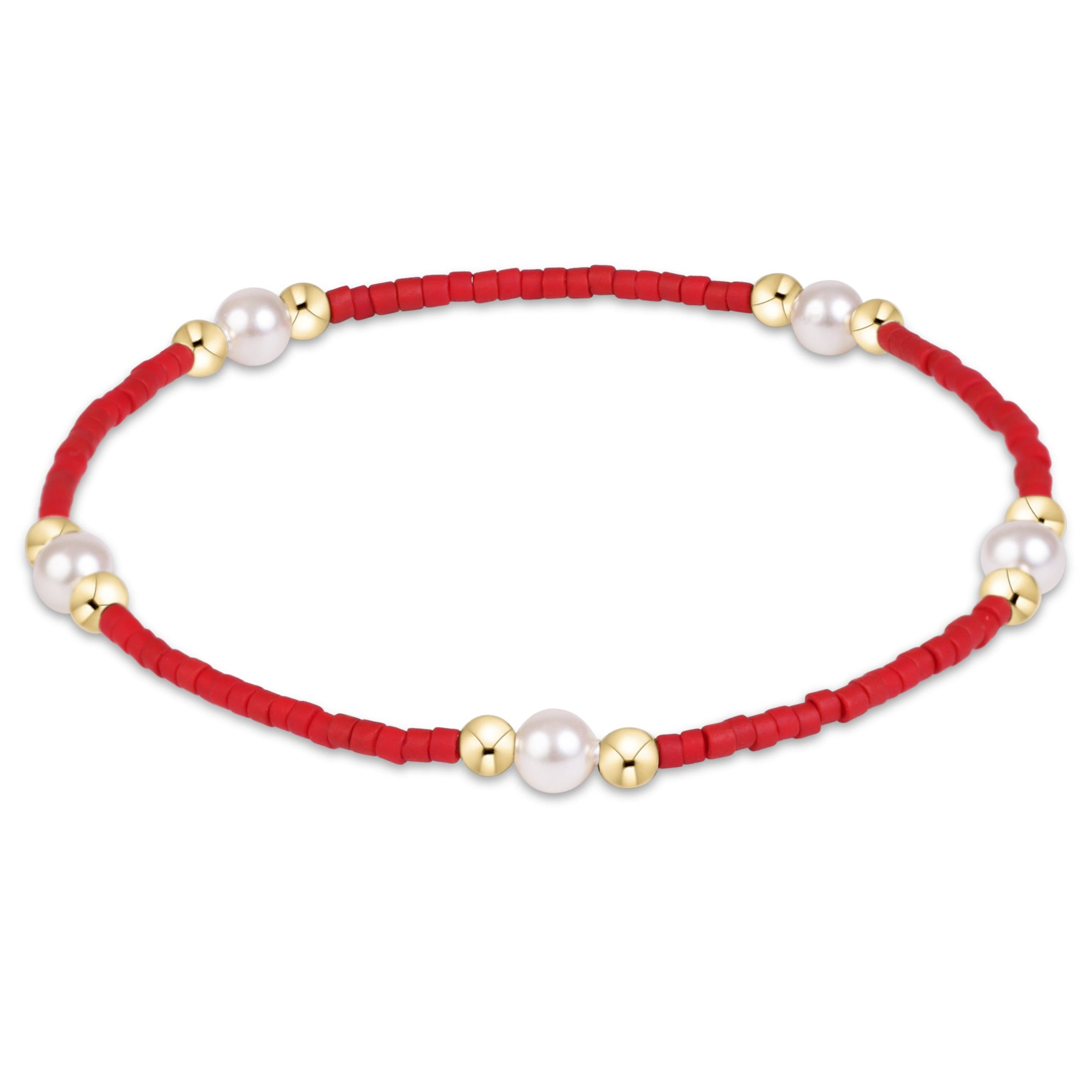 Gameday Hope Purpose Pearl Bracelet with red seed beads, gold-filled beads, and white pearls.