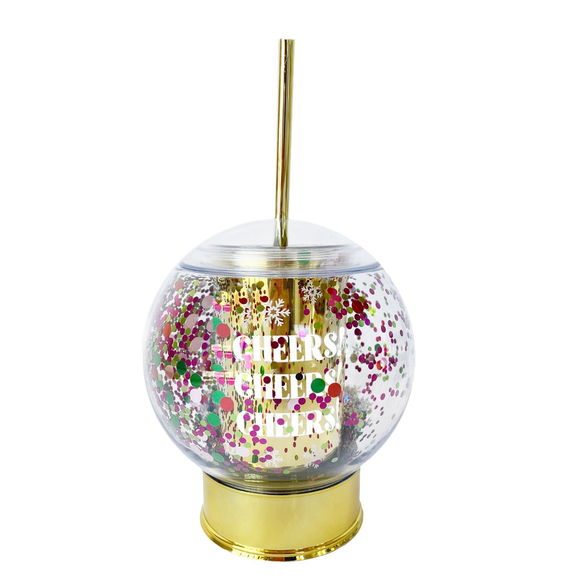 Snowglobe sipper with a gold tumbler center, white snowflakes, and a gold straw.