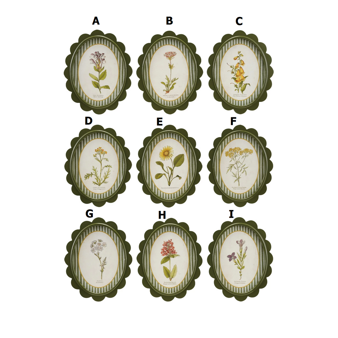 Oval MDF Framed Glass Scalloped Wall Decor with Flower & Striped Mat - Sold Individually