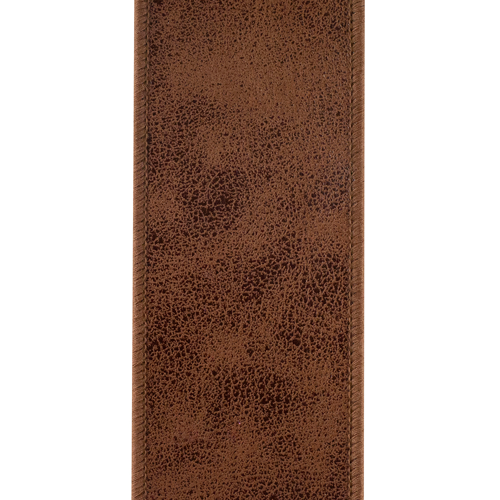 2-1/2 inch brown leather deluxe two-sided wired edge ribbon with a textured finish.
