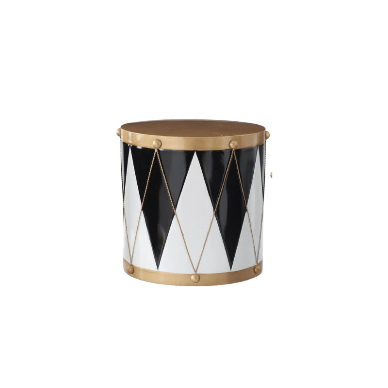 Black and white harlequin pattern drum container with gold metallic rims and rope accents.