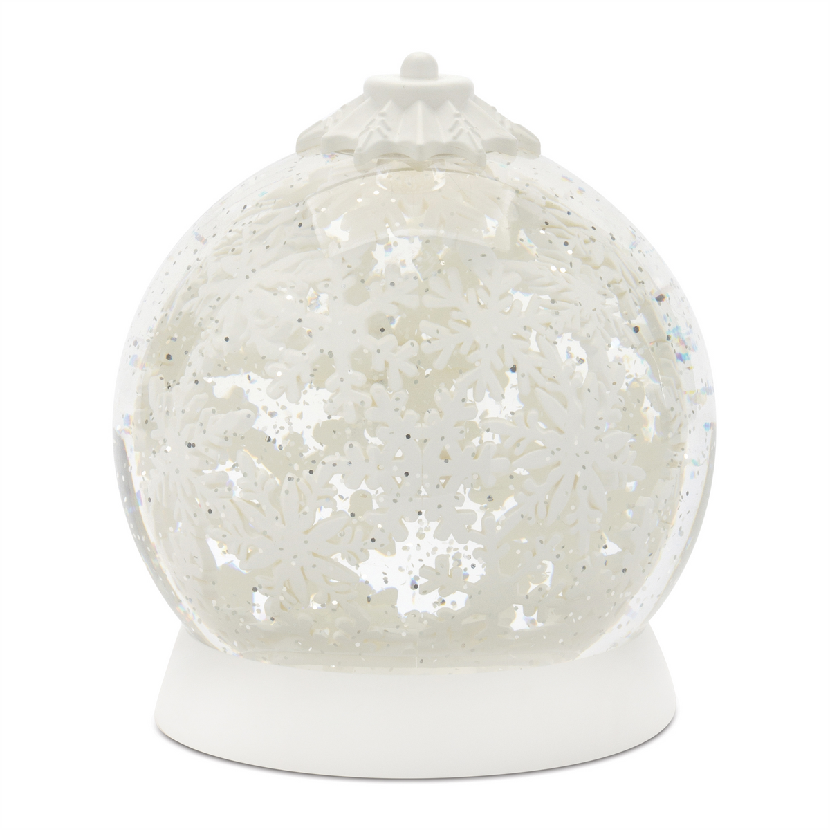 Rotating 6.5-inch white snowflake snow globe with a white base and decorative top.