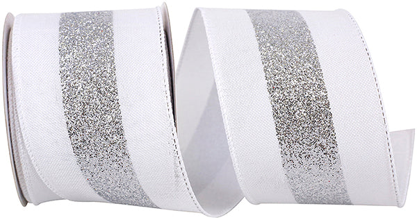 White linen wired edge ribbon with a bold silver glitter center stripe.