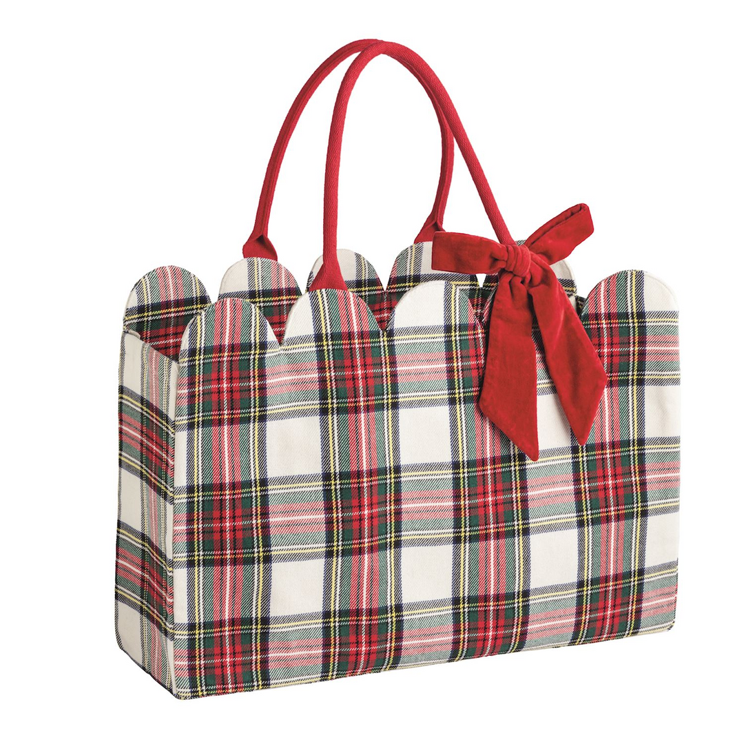 Tartan scallop tote with red, green, and white plaid, red handles, and a red velvet bow.