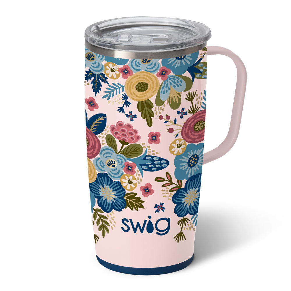 Silver stainless steel travel mug with a slim metal handle, silicone base, and large lid featuring a removable slider.