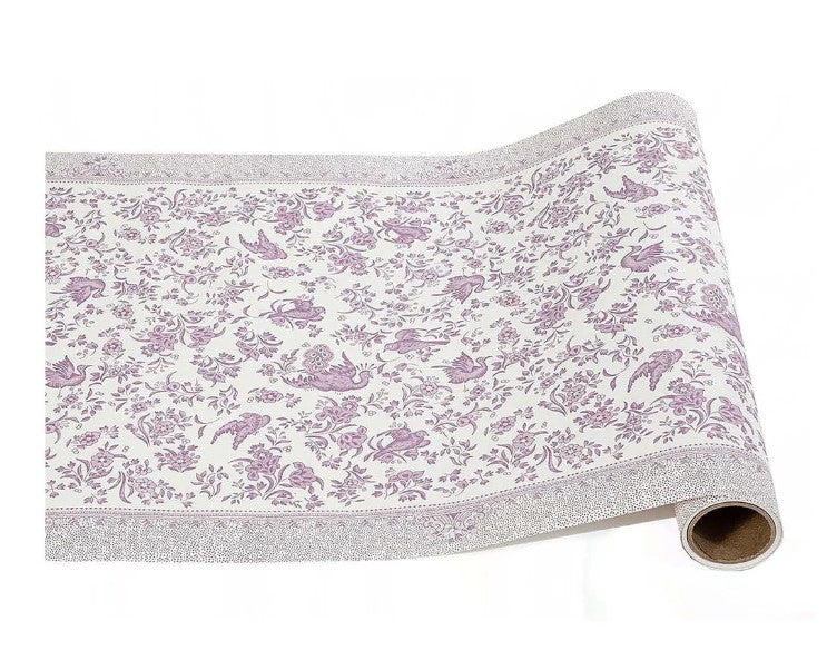 20 inch wide lilac regal peacock paper table runner roll with floral and bird pattern.