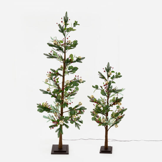 Lighted artificial berry tree with gold ball ornaments