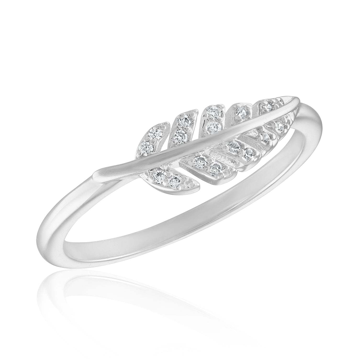 CZ Leaf Stack Ring in silver metal featuring a delicate leaf pattern with clear cubic zirconia stones.
