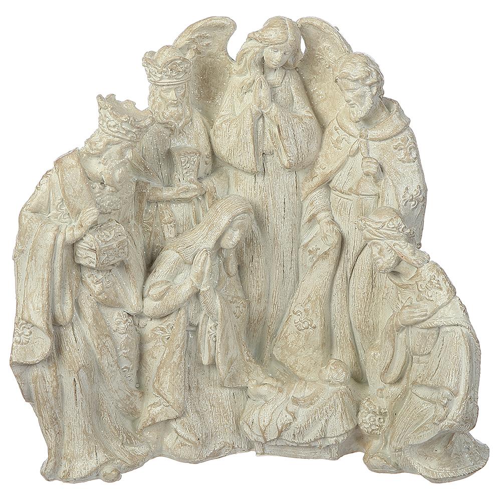 9-inch white nativity tabletop scene featuring the Holy Family, Wise Men, and an angel.
