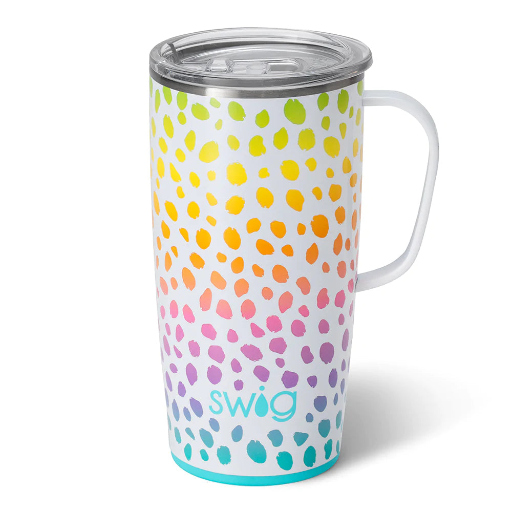 Silver stainless steel travel mug with a slim metal handle and large lid.