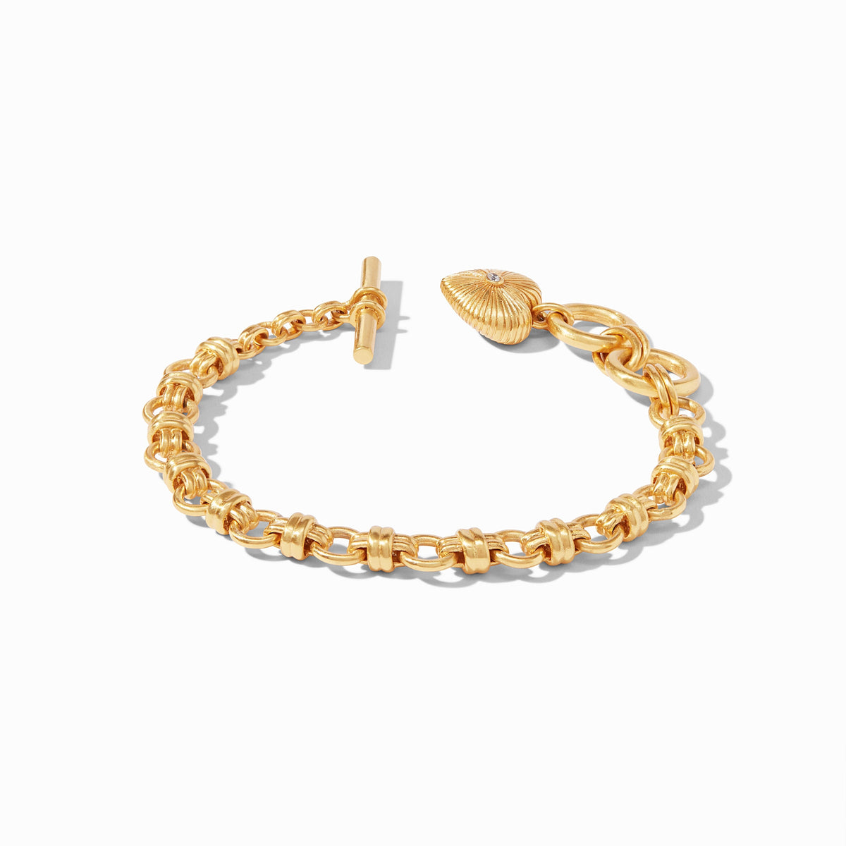 Gold plated heart bracelet with cubic zirconia stones on a toggle closure