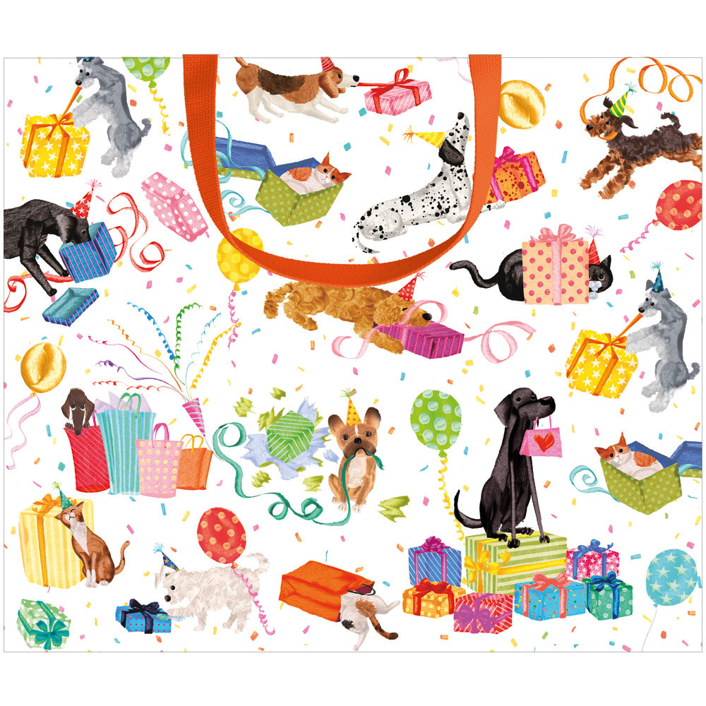 Large gift bag with a strong handle featuring colorful birthday pet illustrations on durable paper.