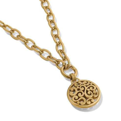 Gold plated Contempo Medallion Charm Necklace with a filigree circular pendant on a link chain.