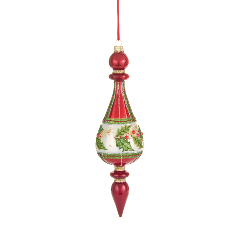 10.25-inch red and white glass drop ornament with green holly leaves and gold glitter accents.
