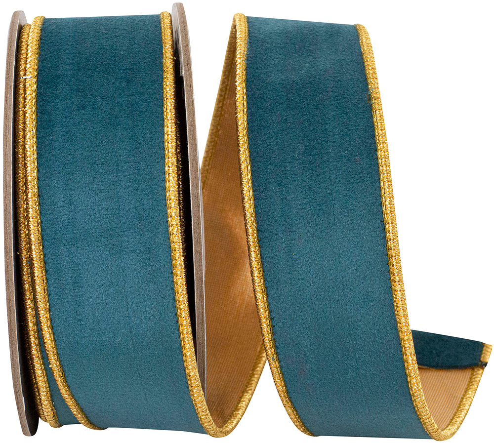Teal velvet wired edge ribbon with metallic gold dupioni backing and trim on a spool.