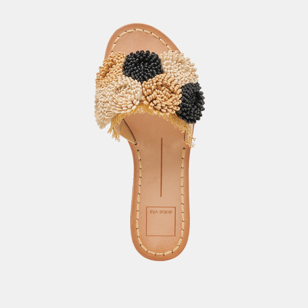 Top view of Danela Sandals featuring a tan footbed and a multi-colored raffia floral strap.