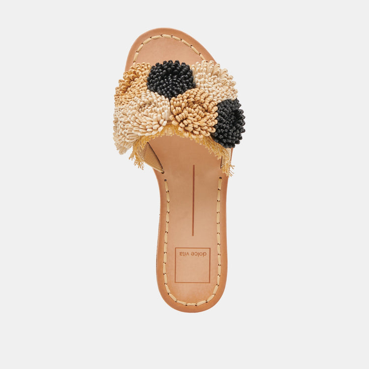 Top view of Danela Sandals featuring a tan footbed and a multi-colored raffia floral strap.