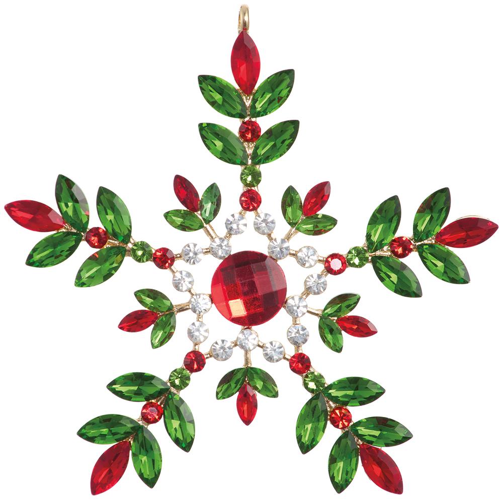 4.5 inch red and green rhinestone snowflake ornament with a gold metal frame.