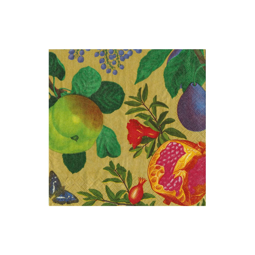 Royal Orchard Gold cocktail napkin with botanical illustrations of fruit, flowers, and a butterfly.