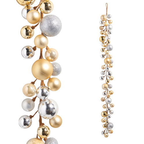 4' Champagne Ball Garland featuring a mix of gold, silver, and glittery plastic ornaments.