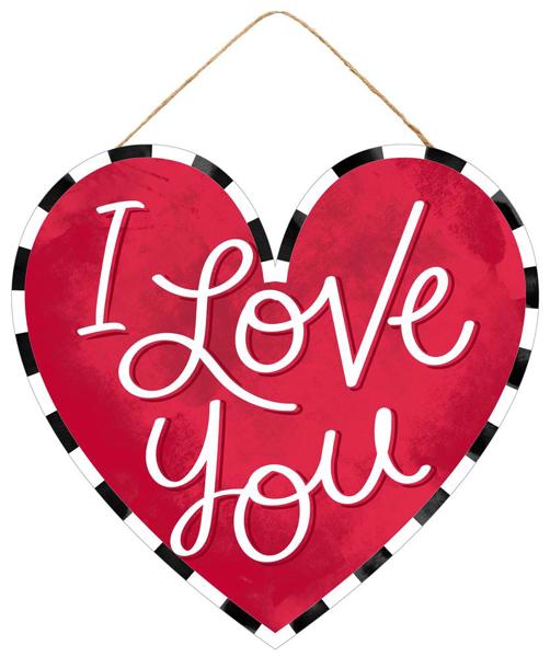 Heart-shaped red sign with white script reading 'I Love You' and a black and white striped border.