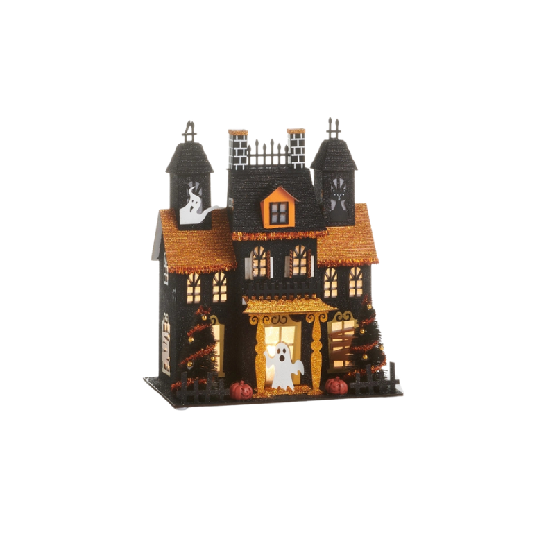11.5-inch lighted paper haunted house with glittered roofs, ghosts, pumpkins, and sisal trees.