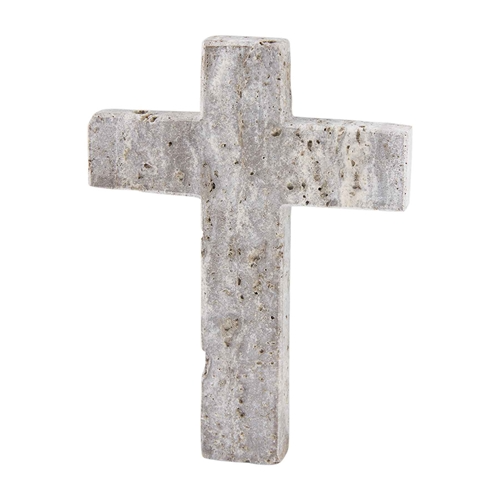 Gray travertine cross pendant light with stoneware material in a natural rectangular silhouette.