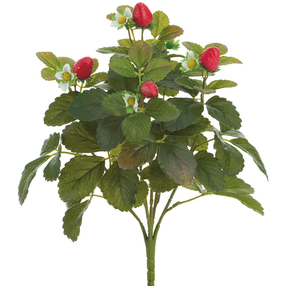 Life-size artificial strawberry bush with green leaves and red fruit on a metal stand.