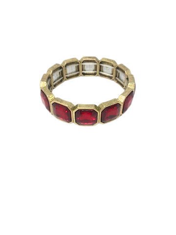 Ruby rhinestone stretch bracelet with emerald-cut red stones in an antique gold-tone setting.