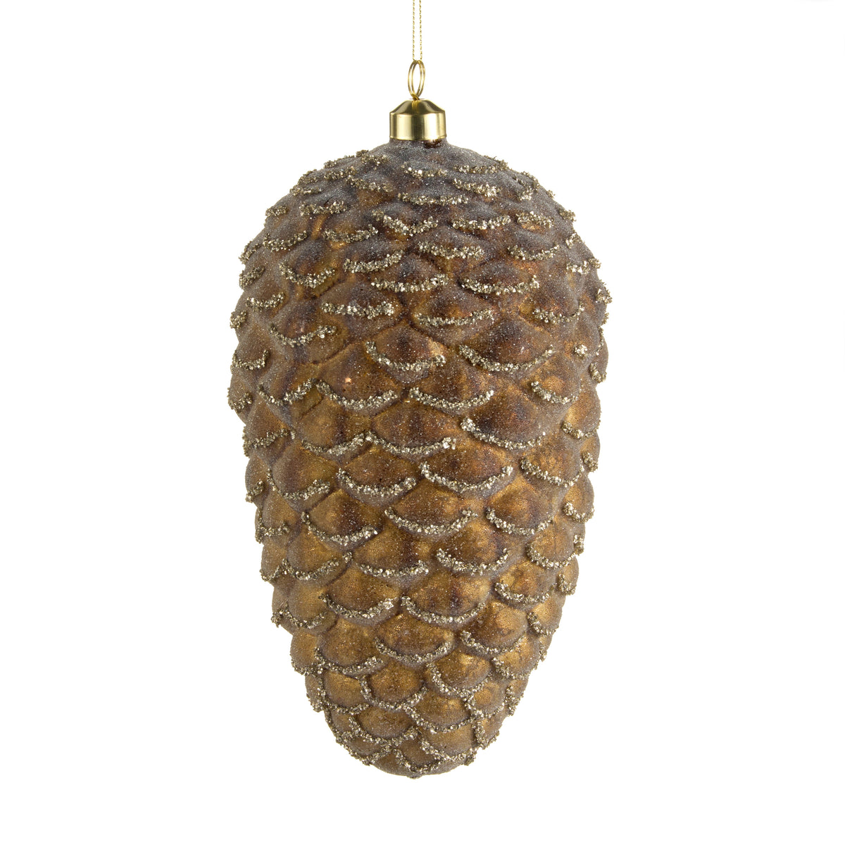 8.5-inch brown pinecone Christmas ornament with frosted glitter accents and a gold hanging loop.