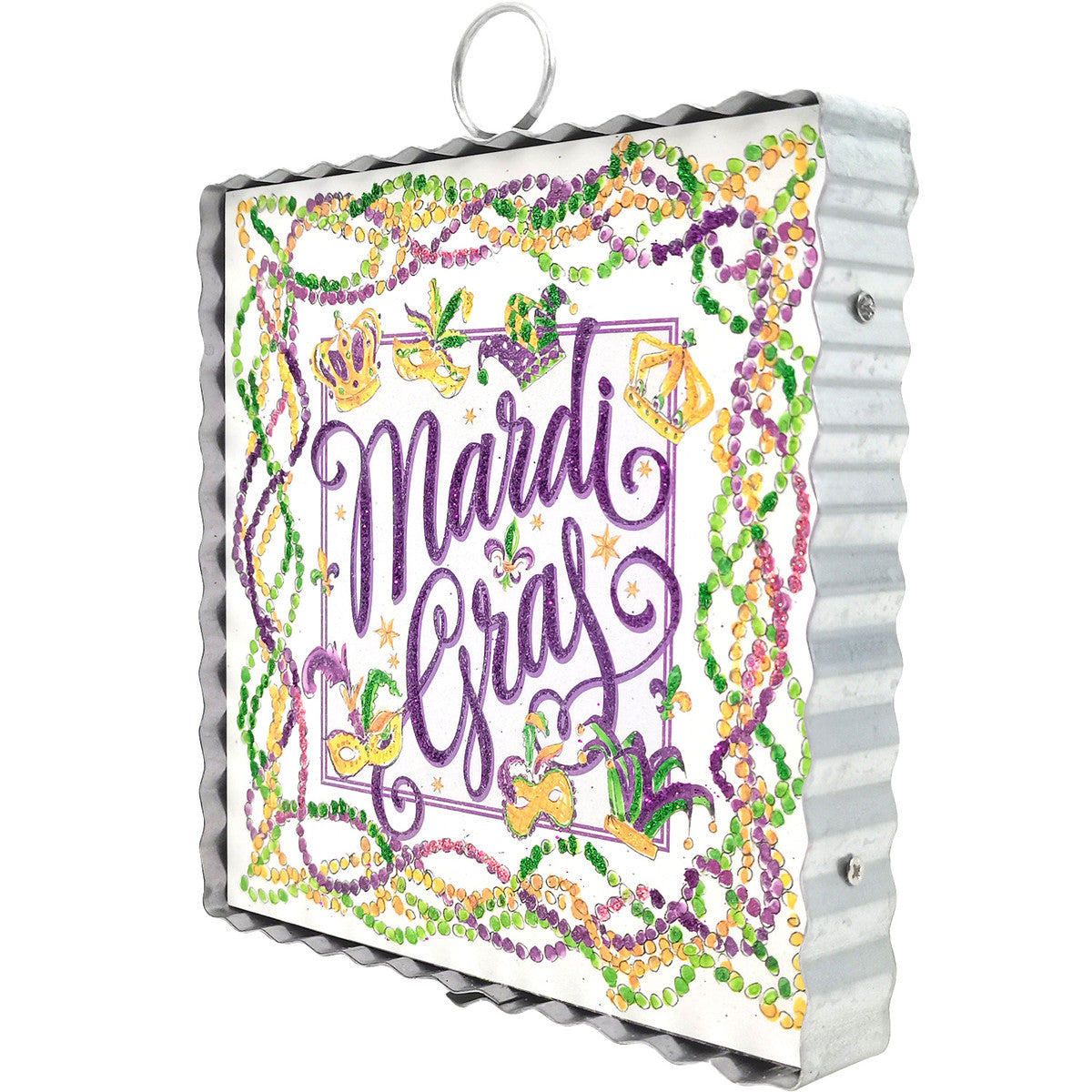 Mini Beck's Mardi Gras hanging decoration featuring a festive mask with purple, green, and gold colors.