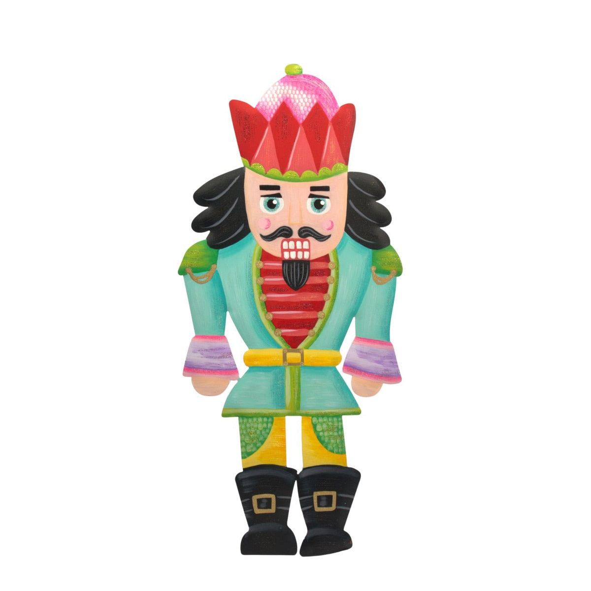 Merry & Bright medium nutcracker stake with red coat, black hat, and gold trim details.