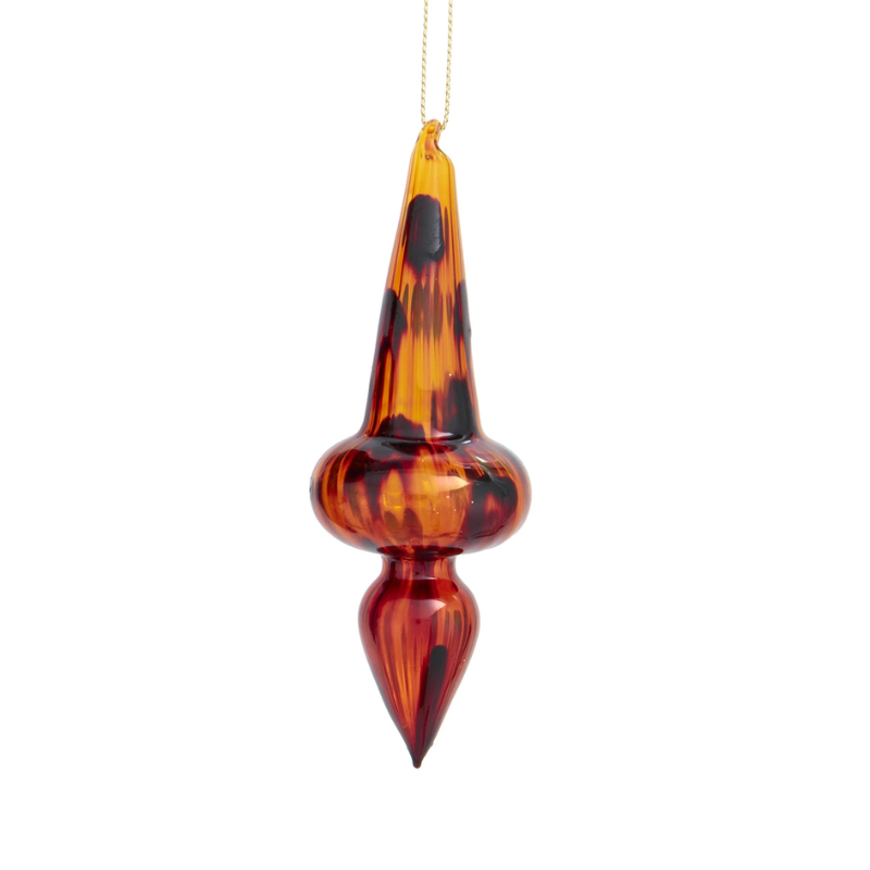 Glass finial ornament with a rich amber and brown marbled tortoise shell pattern.