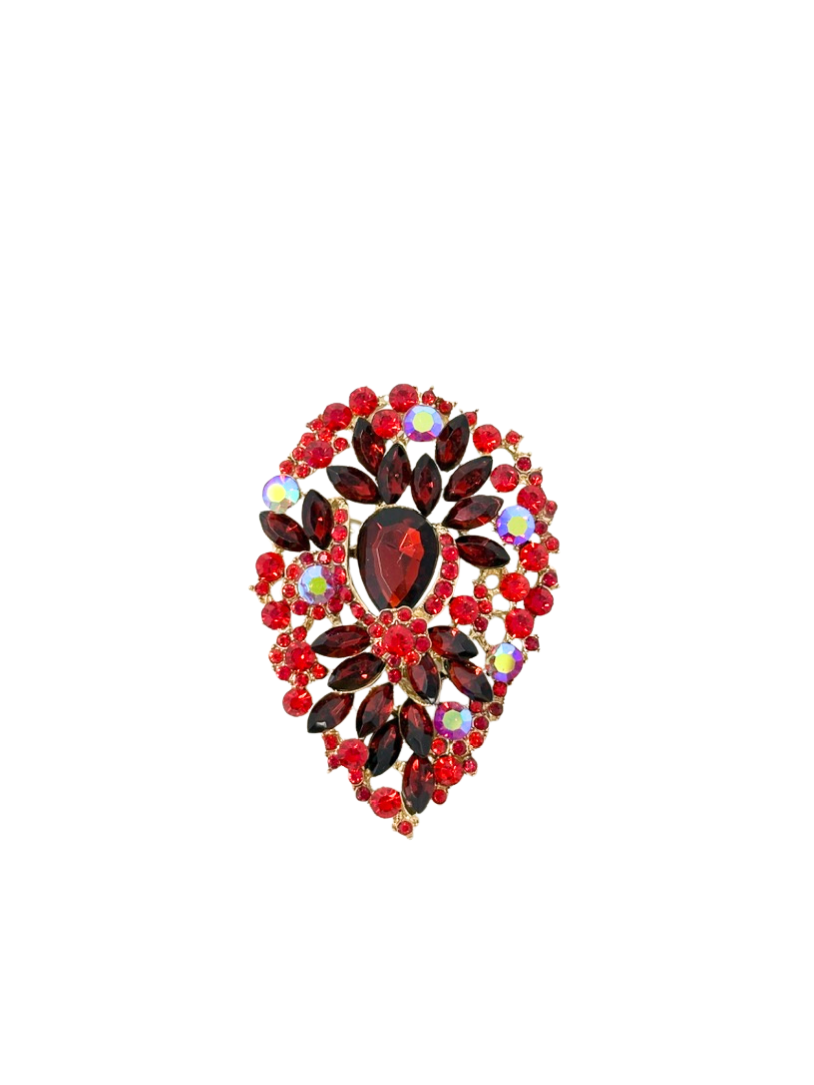 Crystal acorn statement brooch featuring red and iridescent rhinestones in a gold-tone setting.