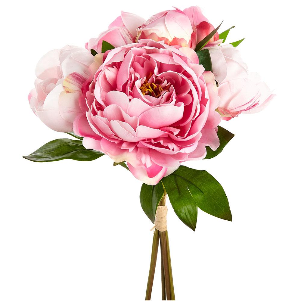 Bundle of six artificial peony stems in soft pink with green foliage arranged together.