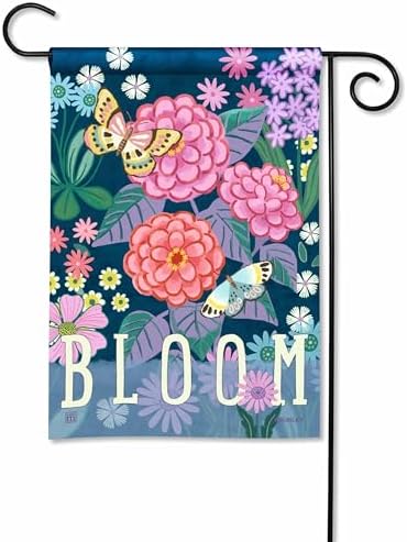 Garden flag with a dark blue background featuring pink and orange dahlias, purple flowers, and two butterflies. The word "BLOOM" is printed in large white letters at the bottom.