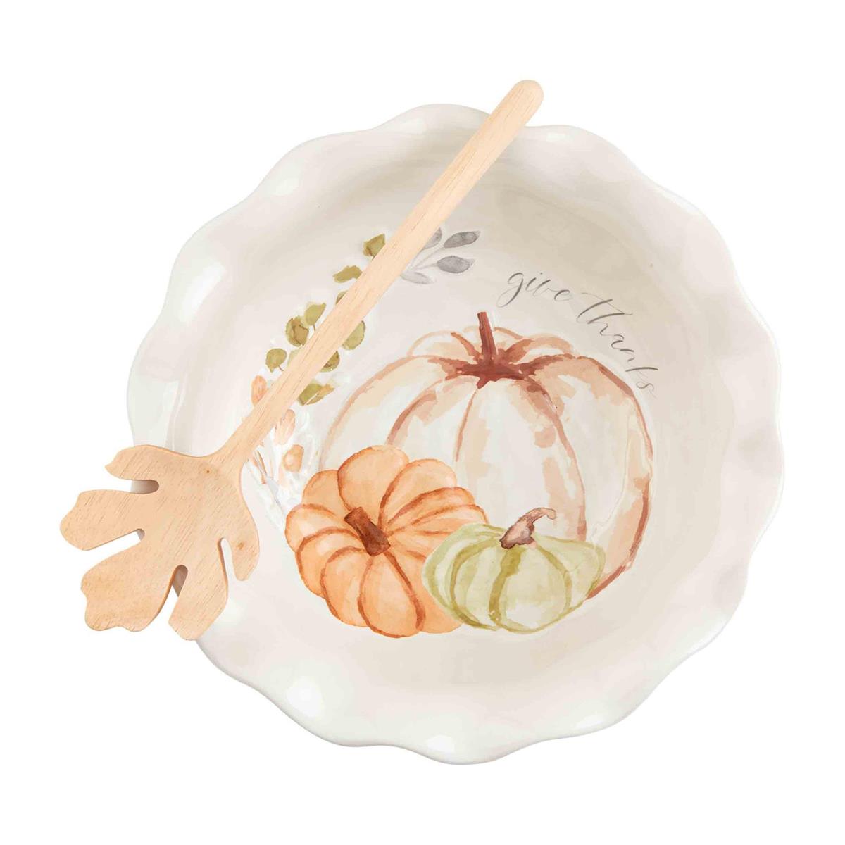 Gather Side Bowl with scalloped edges, pumpkin watercolor art, and a leaf-shaped wooden spoon.
