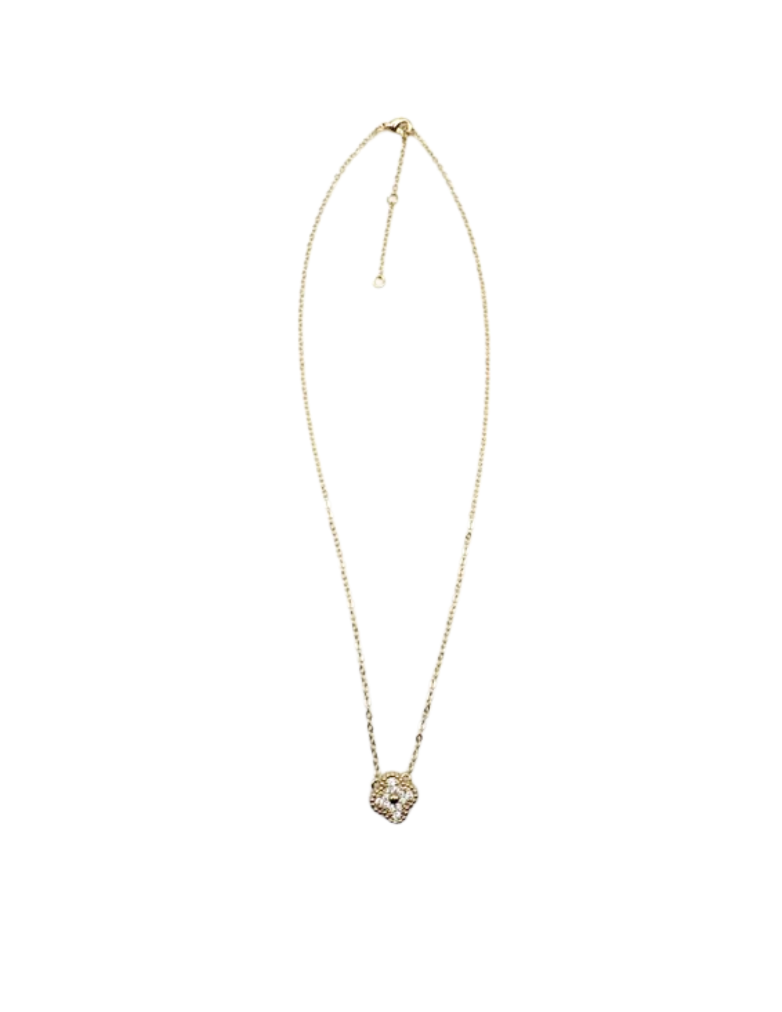 Gold chain necklace featuring a four-leaf clover pendant set with sparkling cubic zirconia stones.