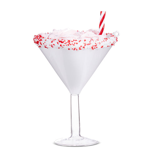 6-inch pink peppermint martini glass ornament with red and white sprinkles and a striped straw.