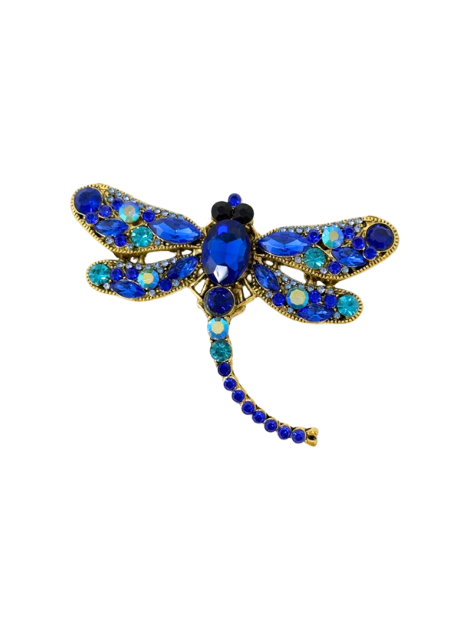 Gold-tone firefly brooch adorned with royal blue, teal, and iridescent gemstones.