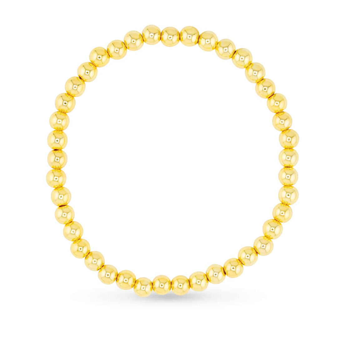 Gold 5mm beaded stretch bracelet arranged in a circle on a white background.