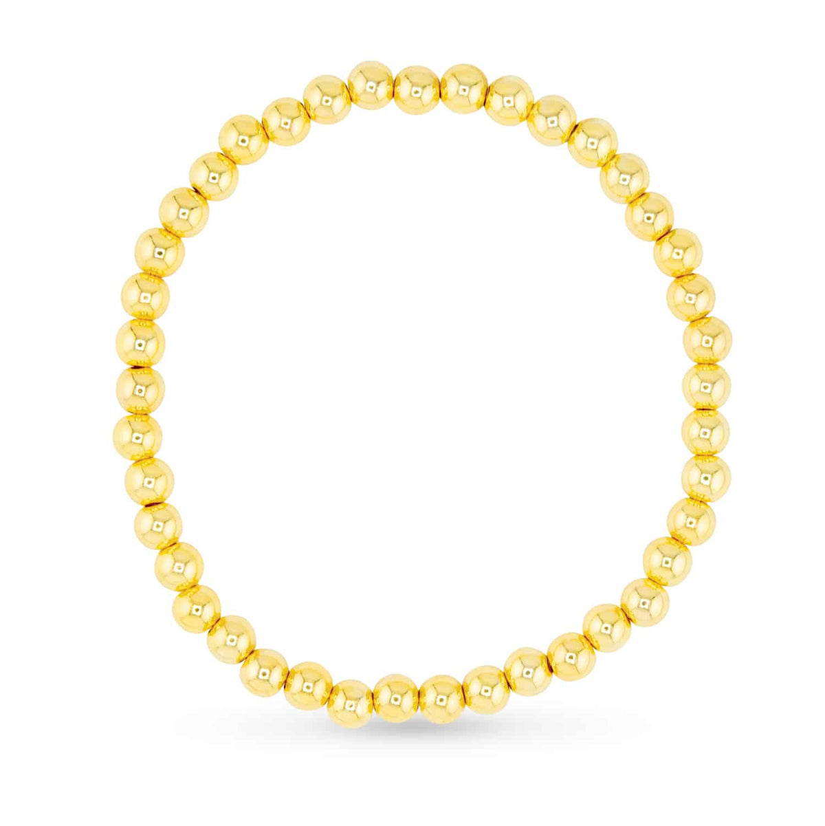 Gold 5mm beaded stretch bracelet arranged in a circle on a white background.