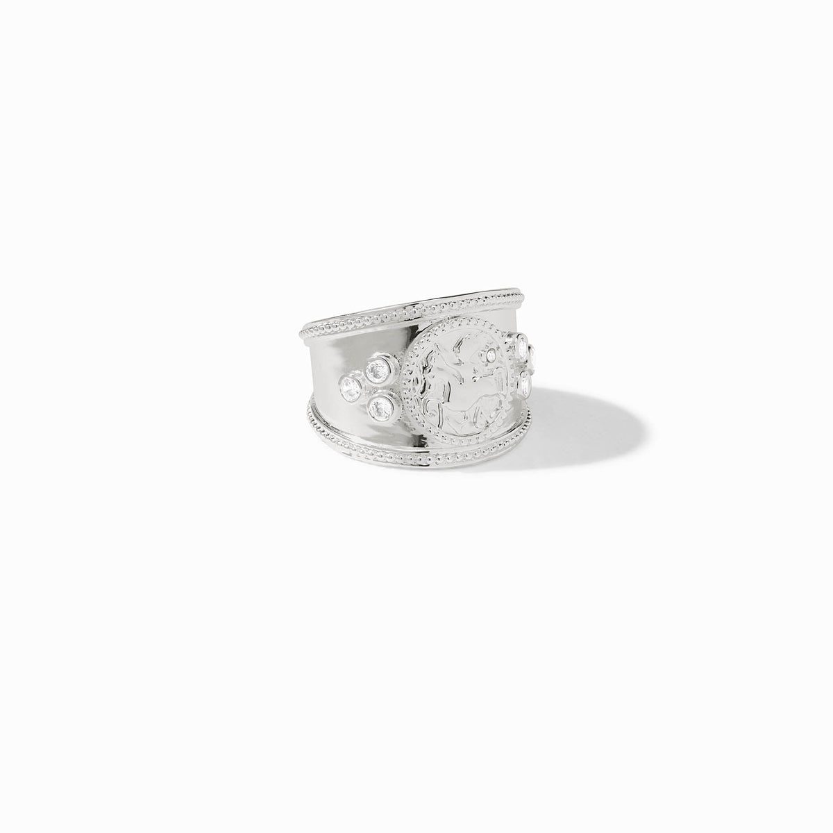 Silver plate adjustable ring with a coin crest CZ stone and Julie Vos hallmark.