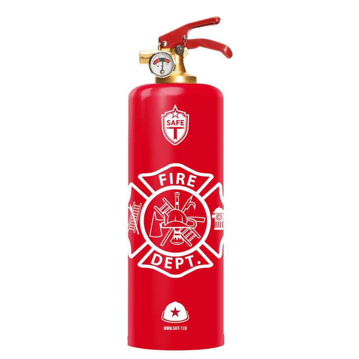 Steel fire extinguisher with brass accents in a cylindrical shape.