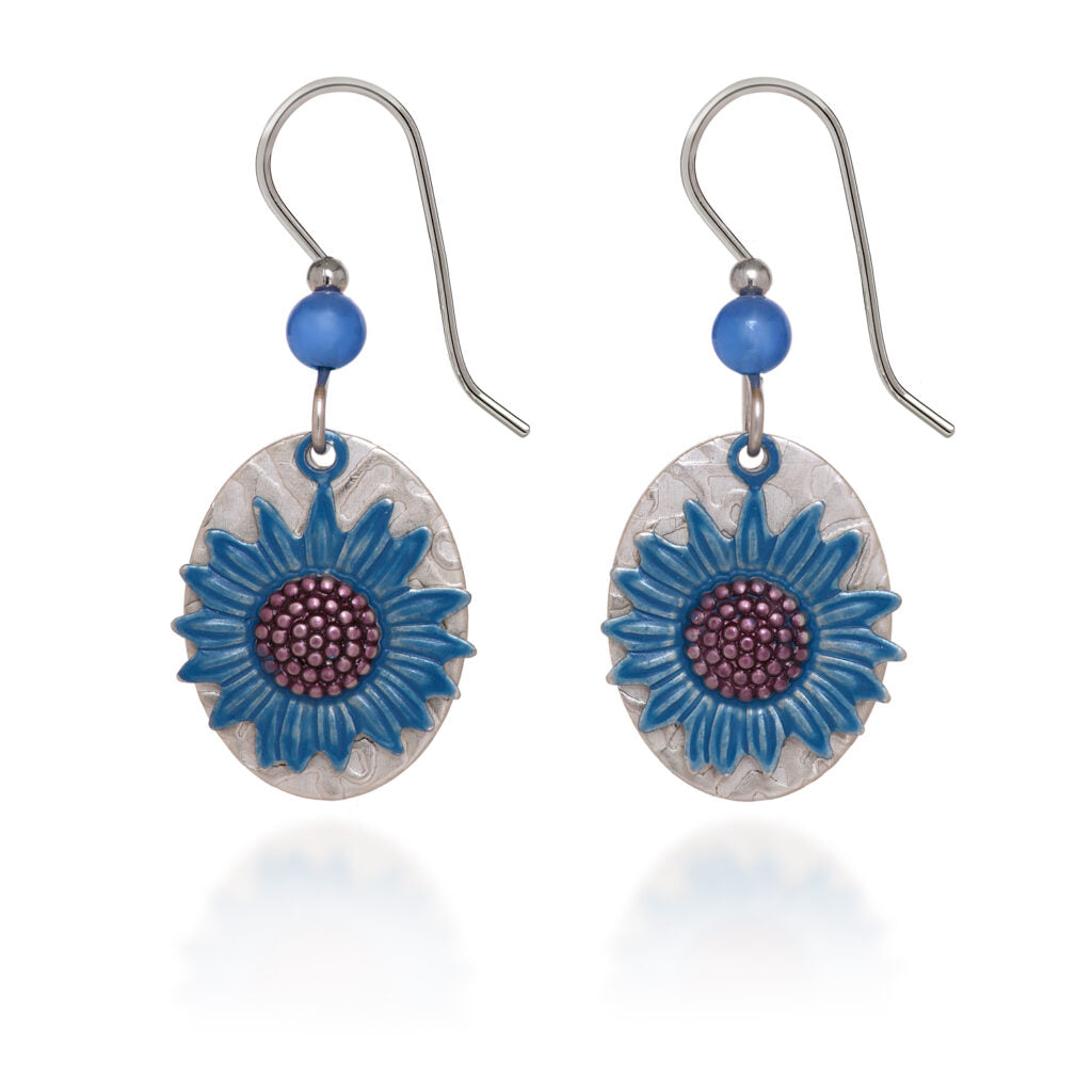 Silver Cornflower on Oval Earrings