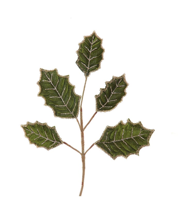 Green holly pick decoration with polyester fabric leaves on a metal stand.