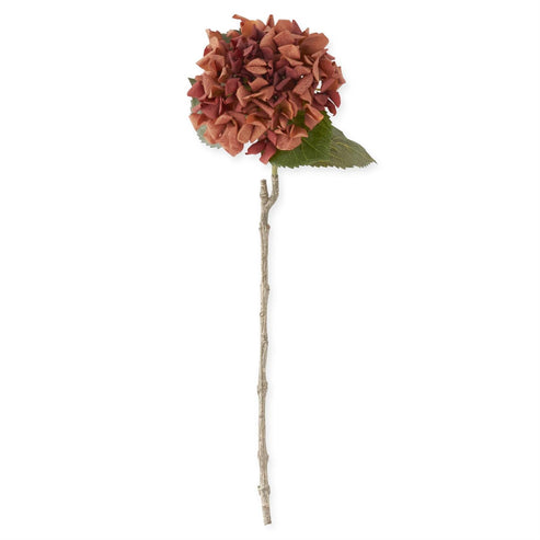 24.5 inch orange real touch hydrangea stem with a single green leaf and textured brown stem.