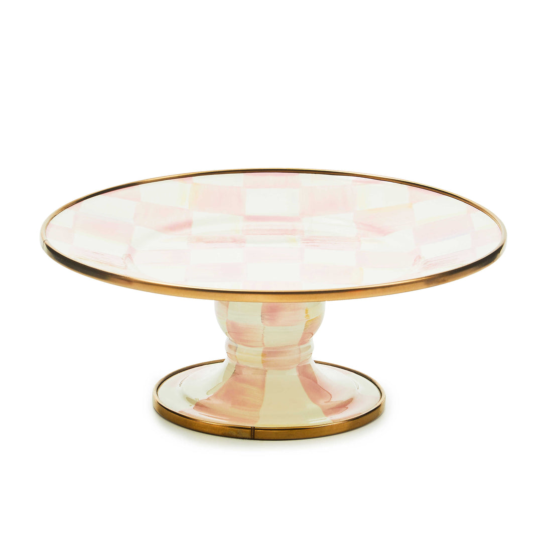 Rosy Check Mini Pedestal Platter with hand-painted pink and white checks and a bronzed rim.