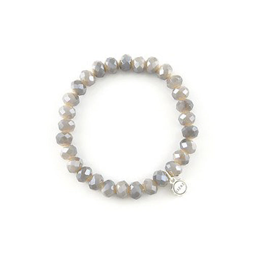 Stretchy bracelet with faceted glass beads in a colorful beaded pattern.