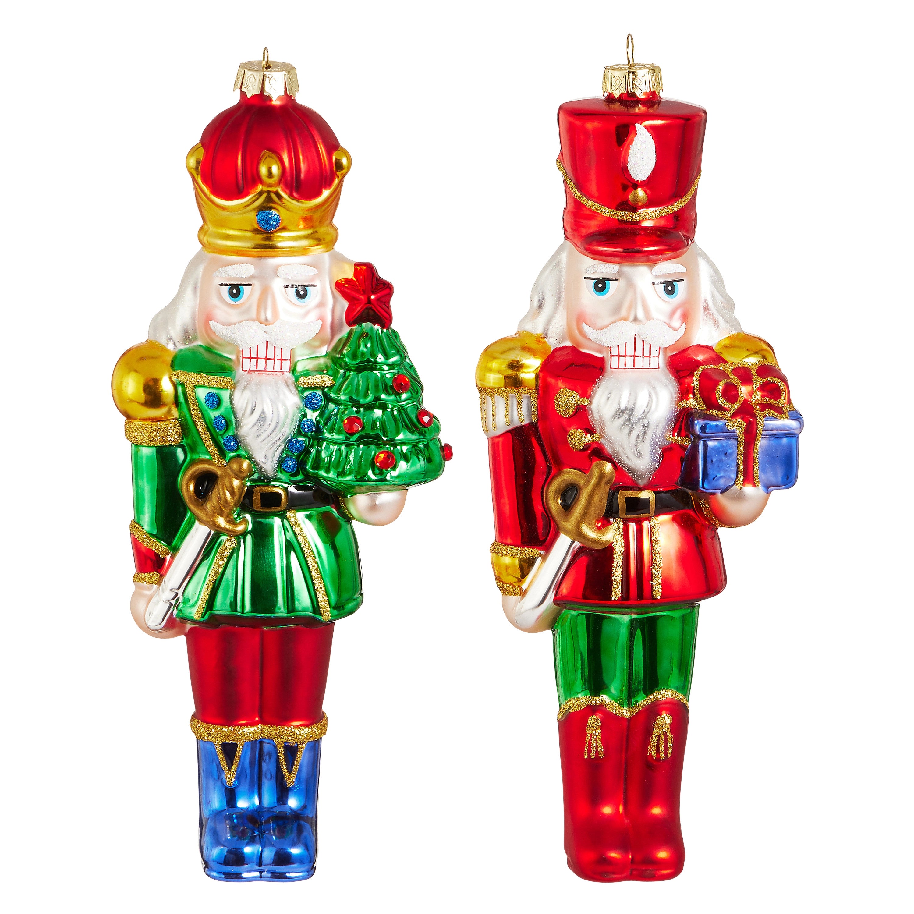 Two 8.25-inch glass nutcracker ornaments, one in a green jacket and one in a red jacket.